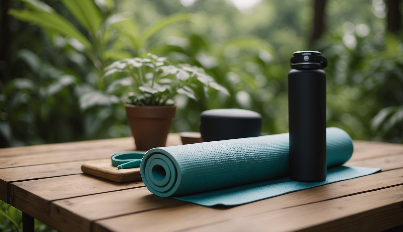 A serene outdoor setting with a yoga mat, foam roller, and resistance bands laid out, surrounded by lush greenery and a peaceful atmosphere