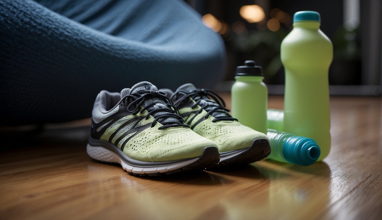 A runner's compression gear lies on the floor, next to a water bottle and a foam roller. A towel is draped over a chair, and a pair of running shoes sit nearby