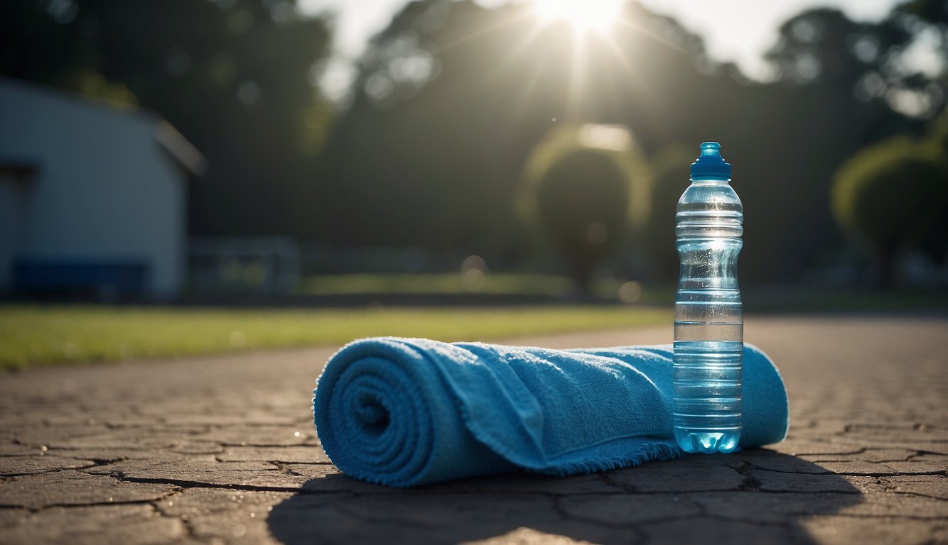 A water bottle sits next to a towel on the ground, steam rising from a cooling body. Sweat droplets glisten on the surface, evidence of a challenging interval running session