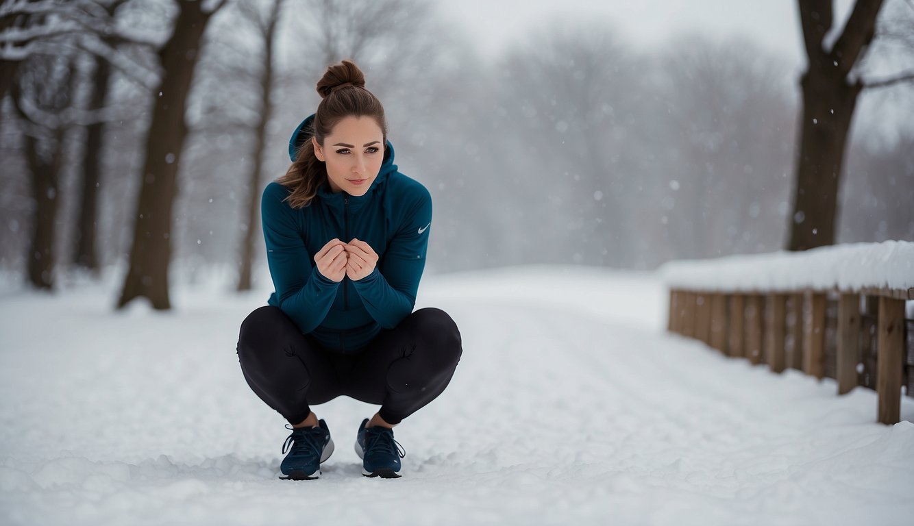 A figure stretches against a snowy backdrop, following a post-run stretching guide for cold weather recovery