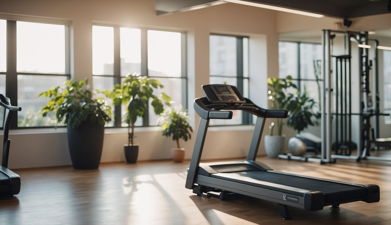 A treadmill sits in a bright, airy gym space. The machine is surrounded by a yoga mat and foam roller, with a water bottle nearby