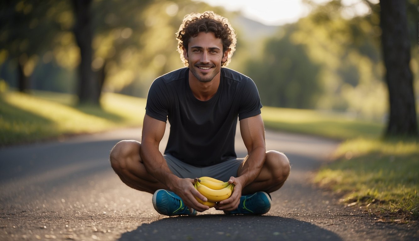 A runner stretching their legs, drinking water, and eating a banana to prevent cramps after running