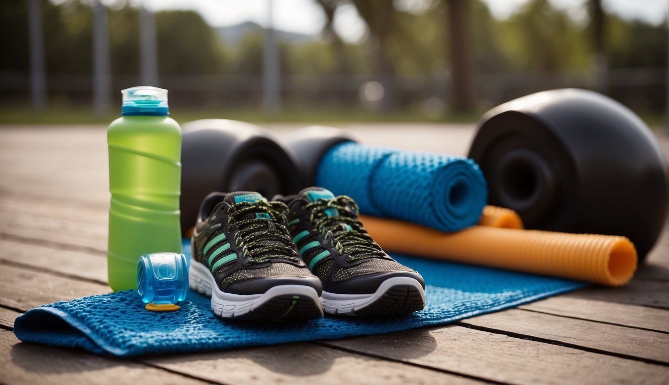 A runner's shoes and water bottle sit next to a foam roller and stretching mat, surrounded by a cooling towel and protein bar