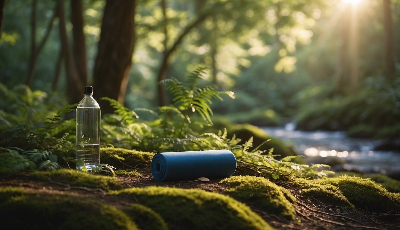 A serene forest clearing with a flowing stream, a yoga mat, and a water bottle, surrounded by lush greenery and dappled sunlight