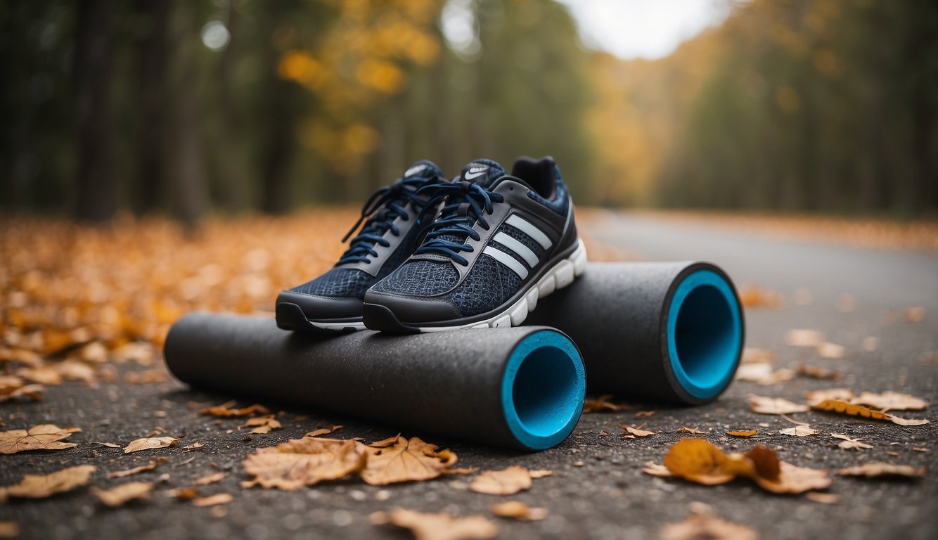 A foam roller placed on the ground beside a pair of running shoes. The shoes are slightly off to the side, indicating a recent run