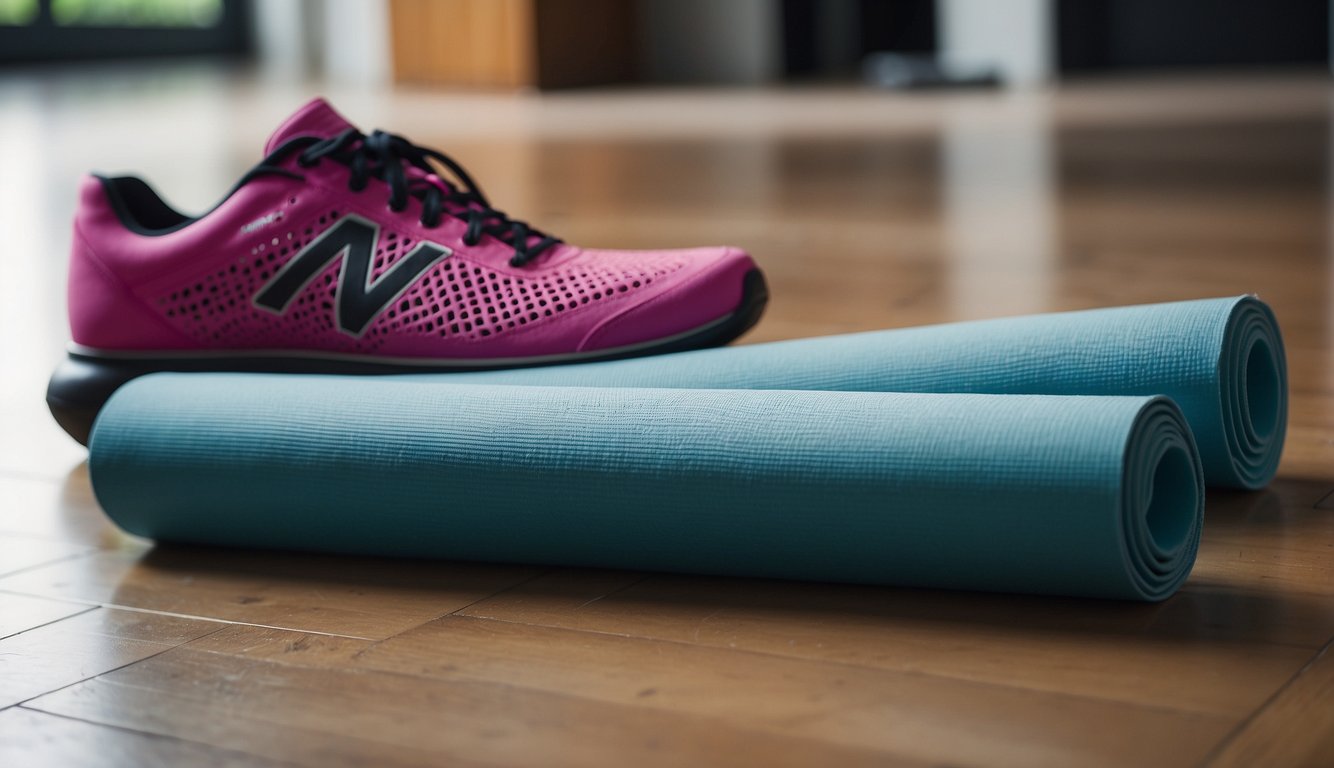 A person's running shoes and a yoga mat laid out on the floor, with a foam roller and resistance bands nearby