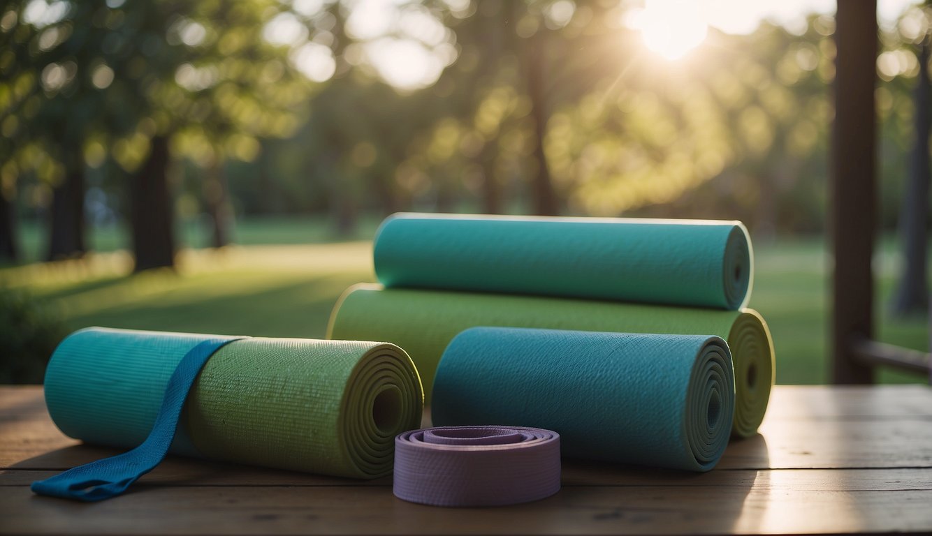 A serene setting with yoga mats, foam rollers, and resistance bands. Soft lighting and calming music create a peaceful atmosphere for post-run recovery