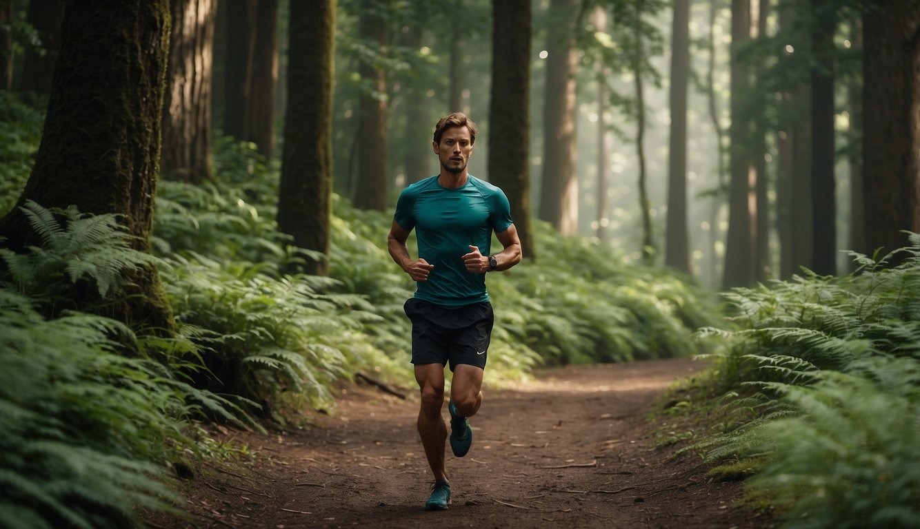 A lone runner traverses a winding forest trail, surrounded by lush greenery and tall trees. The serene atmosphere and sense of solitude highlight the benefits of solo trail running