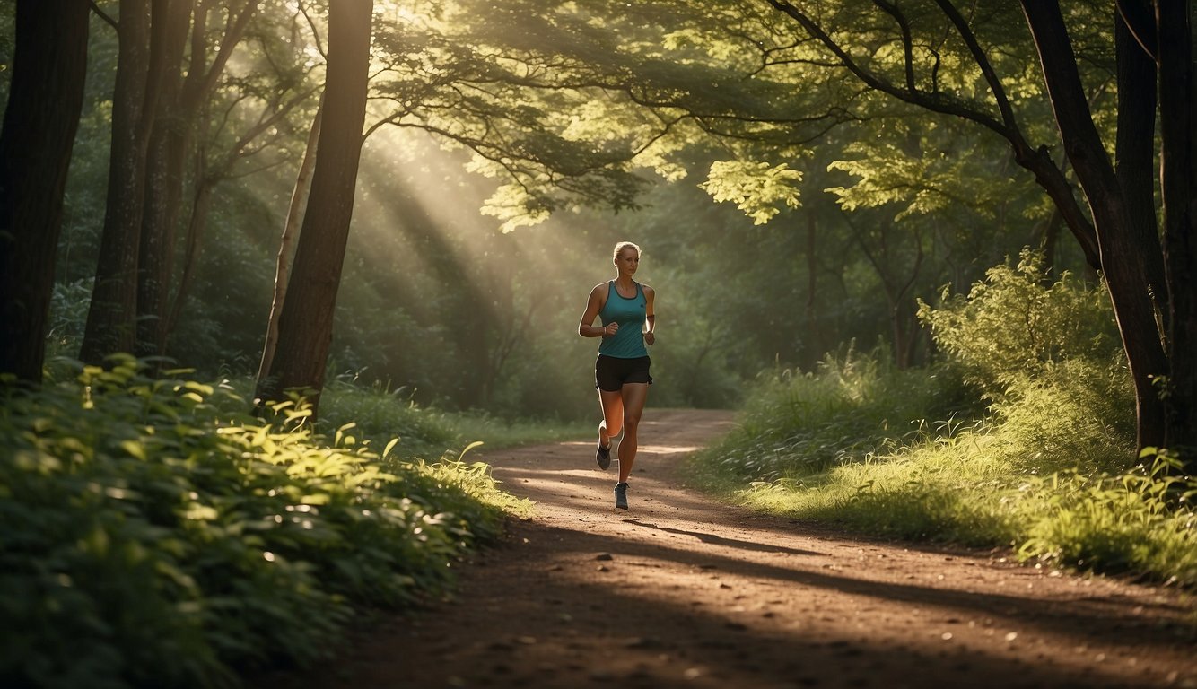A lone runner navigates a winding trail, surrounded by lush greenery and towering trees. The sun casts dappled shadows on the path, as the runner maintains a steady pace, breathing in the fresh, crisp air