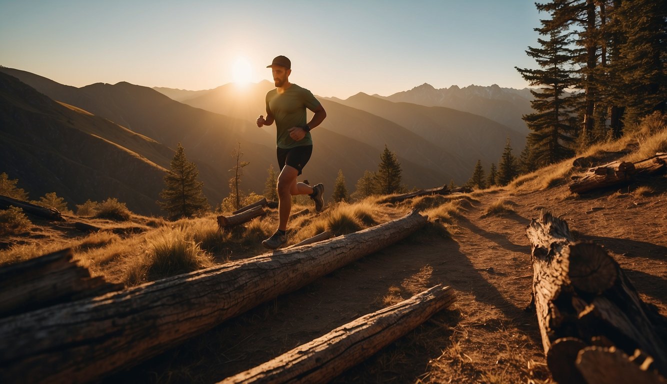 Runners navigate rugged terrain, ascending steep hills and leaping over fallen logs. The sun sets behind distant mountains, casting long shadows on the trail