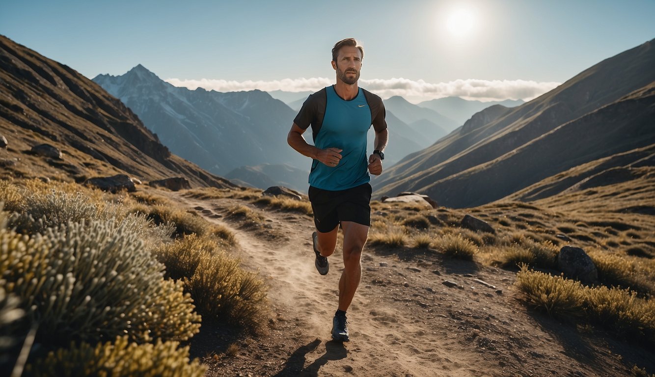 A runner navigates a rugged trail, surrounded by futuristic digital displays and technology, showcasing the integration of digital influence in the future of trail running