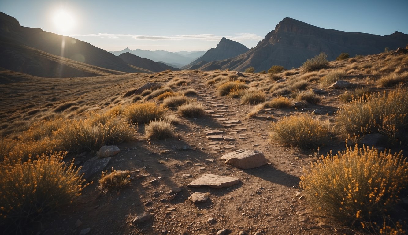 A trail winds through a rugged landscape, with futuristic technology integrated into the environment. Advanced running gear and innovative trail markers hint at the future of trail running