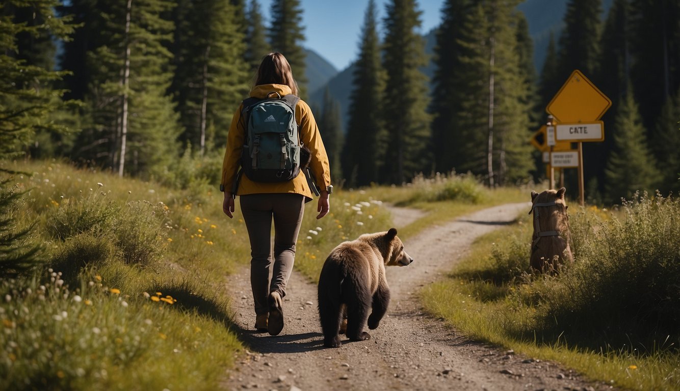 Hiker watches cautiously as a bear and her cubs cross trail. Signs warn of potential wildlife encounters