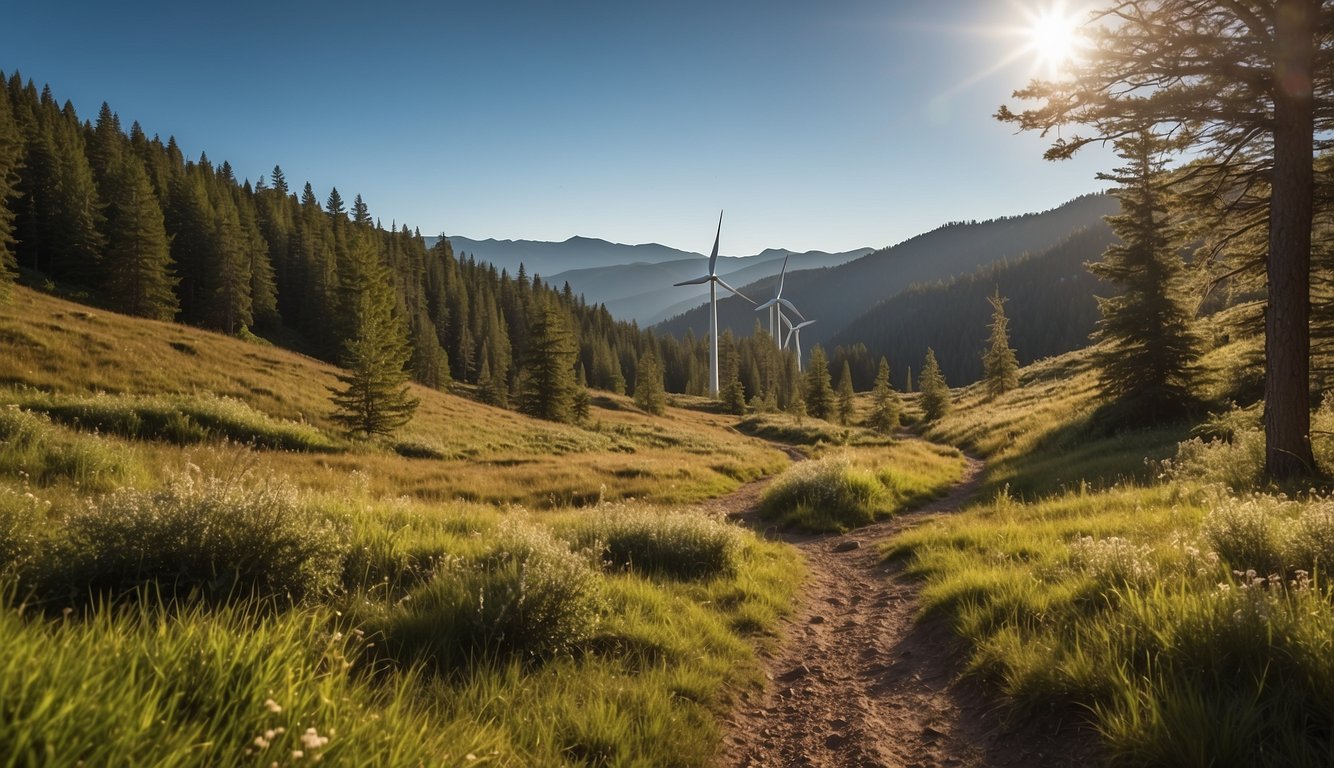 A trail winds through a lush forest, with a clear stream running alongside. Solar panels and wind turbines are visible in the distance, highlighting the focus on sustainability in the future of trail running