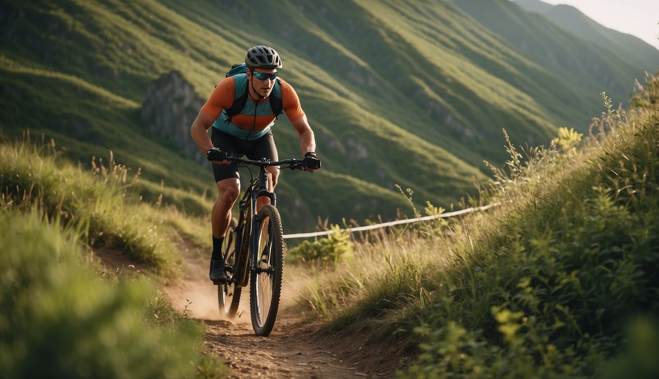 A cyclist and a trail runner merge paths, surrounded by lush greenery and winding trails. The cyclist speeds through the terrain, while the runner navigates the rugged landscape with agility