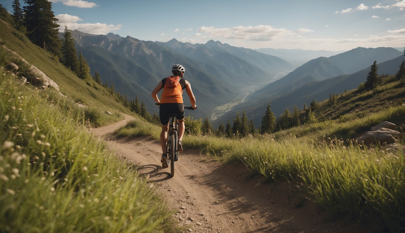 A trail runner and cyclist merge paths on a scenic mountain trail, navigating sharp turns and steep inclines, surrounded by lush greenery and breathtaking views