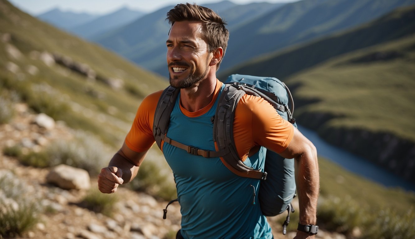 A trail runner wearing a hydration vest runs through rugged terrain, with a handheld water bottle strapped to their waist. The vest features multiple pockets and a built-in water reservoir, while the handheld offers quick access to hydration on the go
