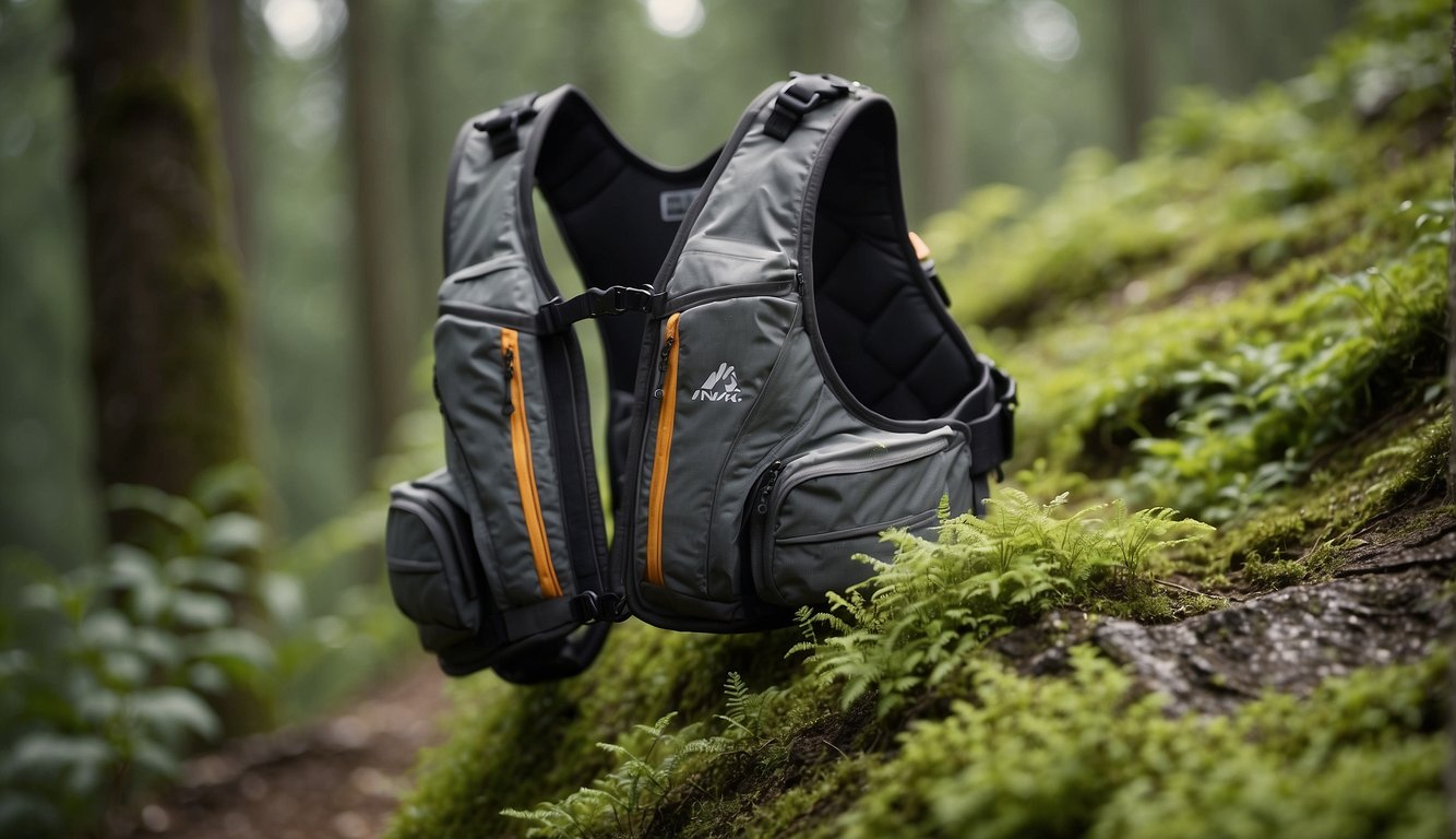 Trail runners compare hydration vests and handhelds, surrounded by rugged terrain and lush foliage. Vests hang on trees, while runners grip handhelds on a rocky path
