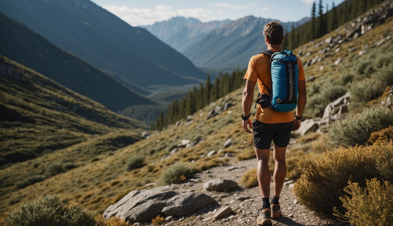 A trail runner stands at a crossroads, holding a hydration vest in one hand and a handheld water bottle in the other. The surrounding landscape is rugged and wild, with rocky terrain and dense forest