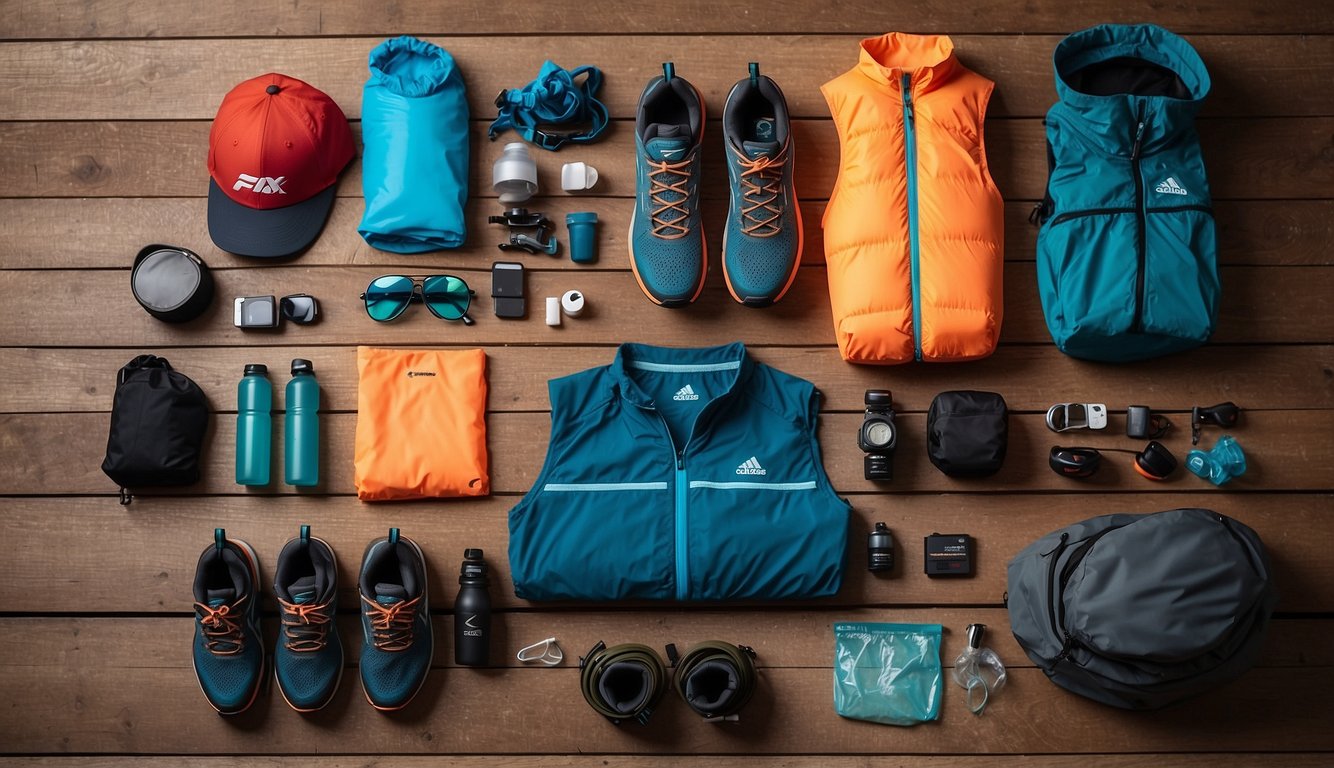 A trail running kit laid out on a wooden floor, including trail shoes, hydration pack, running shorts, technical shirt, hat, and sunglasses