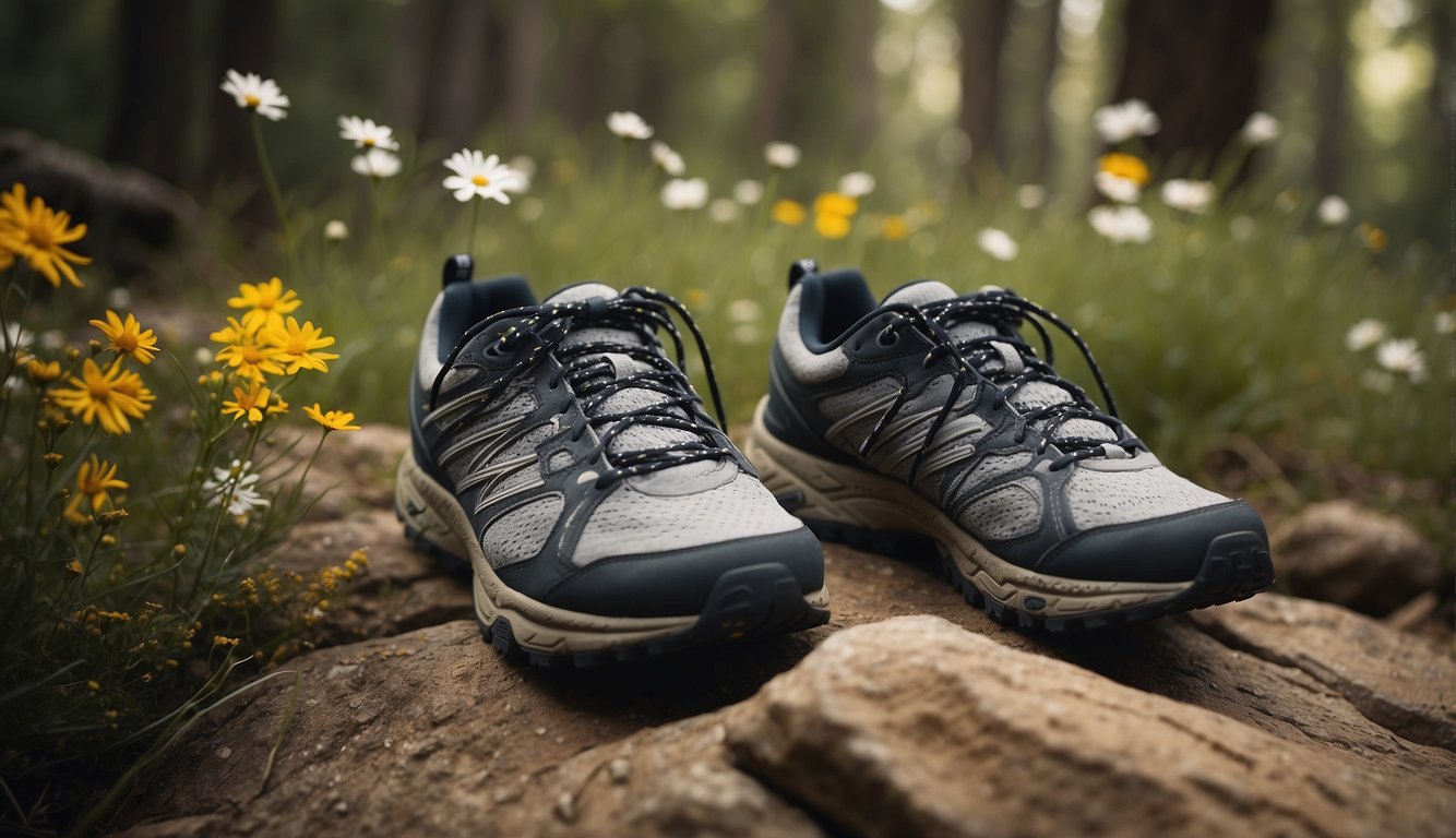 A pair of trail running shoes sits on a rocky path, surrounded by trees and wildflowers. The shoes are sturdy and have a rugged tread, perfect for navigating the rugged terrain