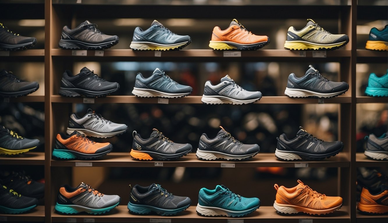 A variety of trail running shoes are displayed on a store shelf, showcasing different styles and features for beginners to choose from