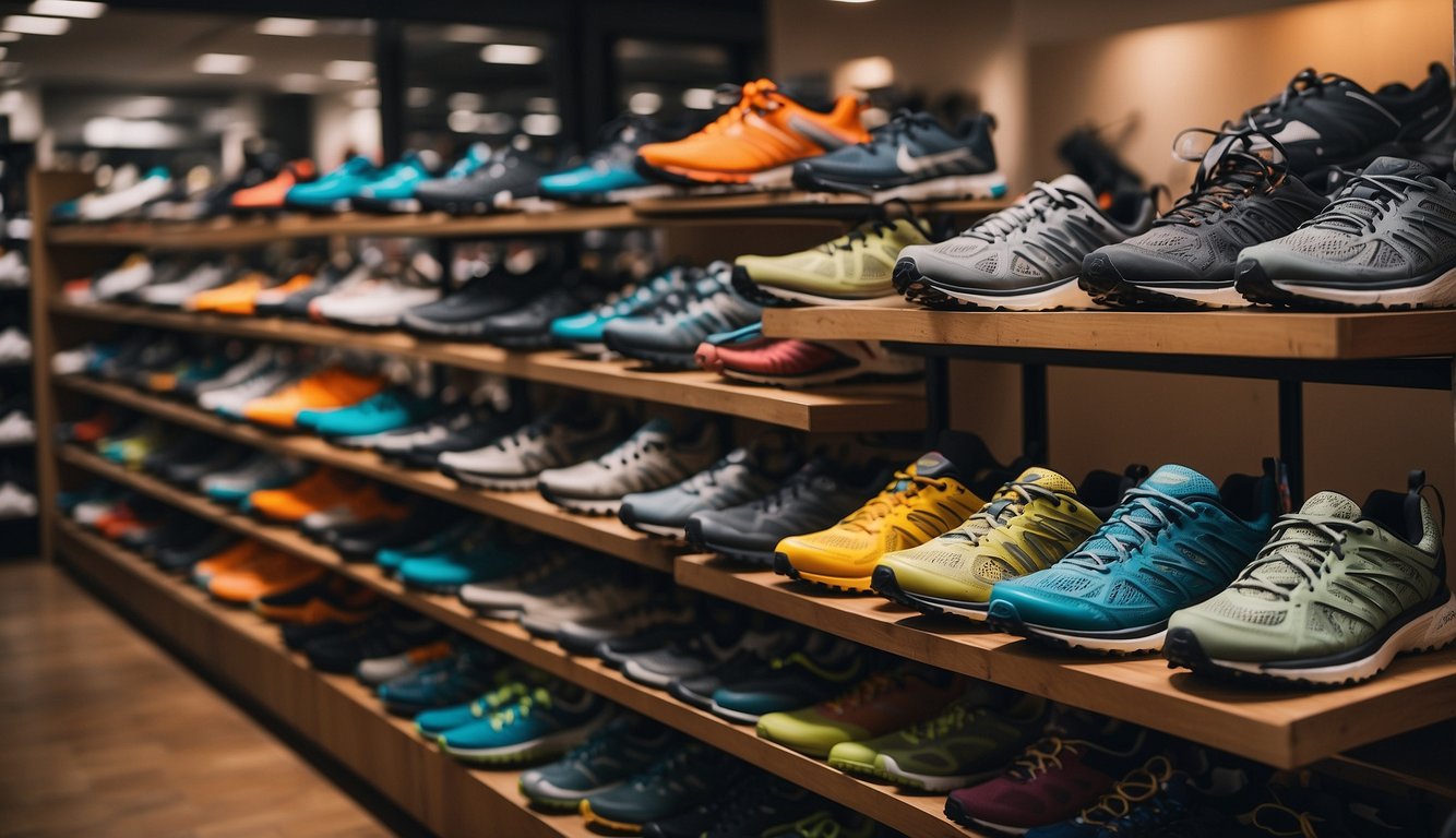 A variety of trail running shoes displayed on shelves in a store, with different brands, colors, and styles to choose from