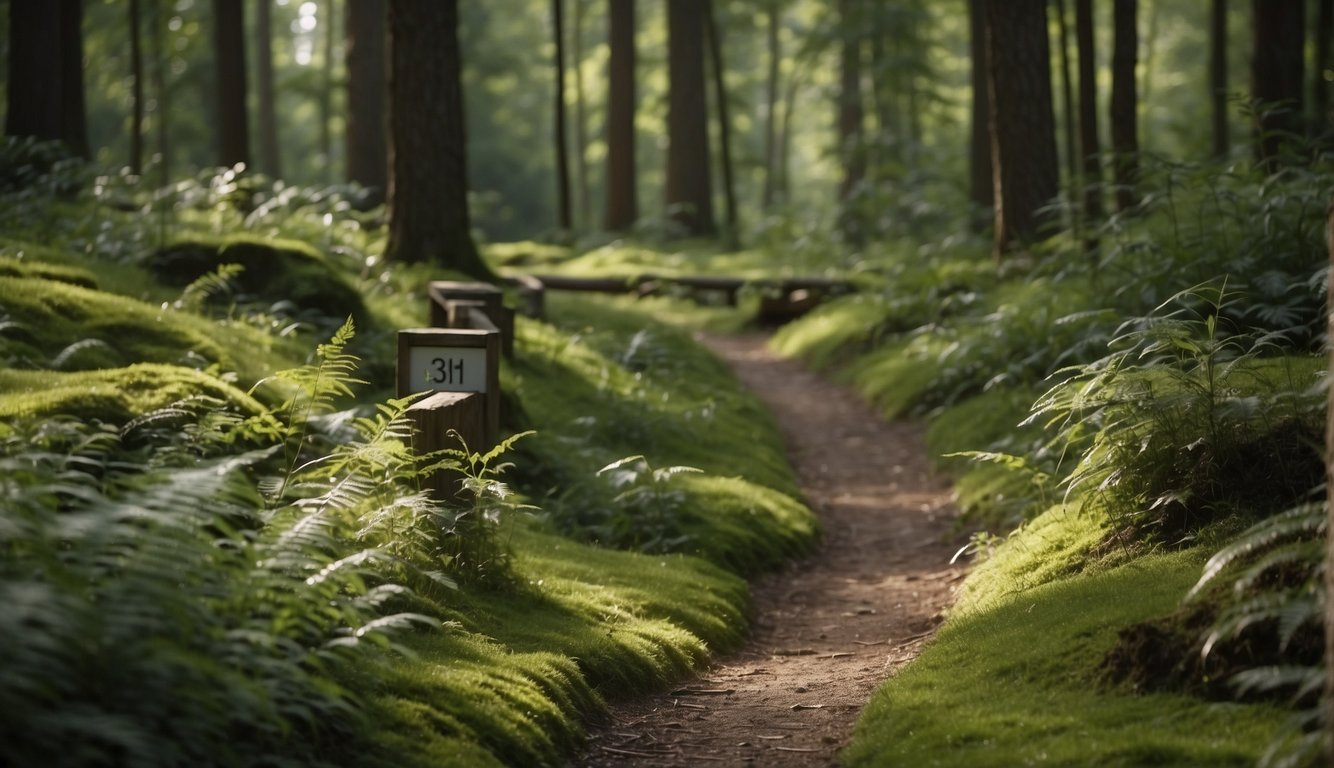 A trail winds through a lush forest, with signs of sustainable practices like compost bins and recycling stations. Runners set realistic goals, pacing themselves along the path