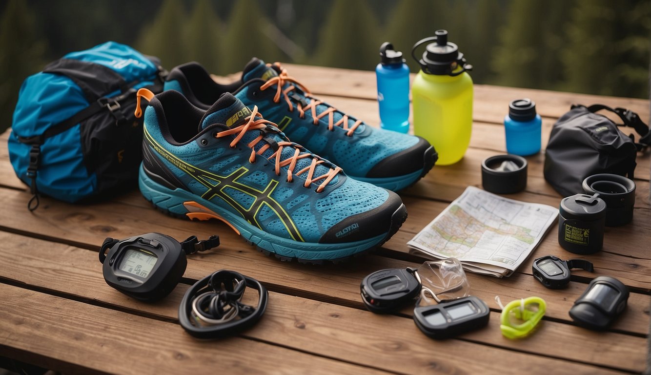 A trail runner's gear spread out on a wooden table: running shoes, hydration pack, energy gels, and a trail map