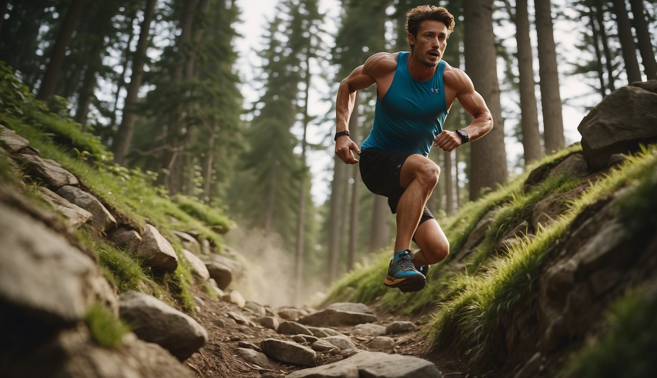 A runner navigating steep terrain, leaping over obstacles, and maneuvering through narrow paths, demonstrating agility and strength for trail running
