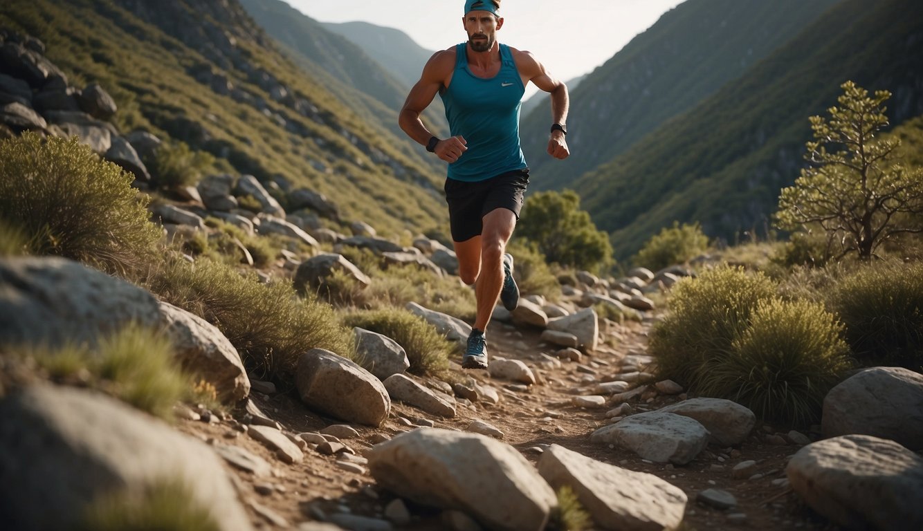 A trail runner navigates rocky terrain, leaping over roots and balancing on narrow paths. They practice uphill and downhill running, mastering the art of quick footwork and maintaining stability on uneven surfaces