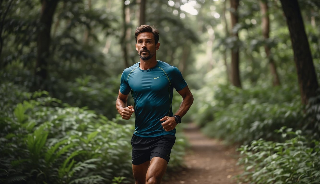 A trail runner completes a recovery run, surrounded by lush greenery and winding paths, with a serene and peaceful atmosphere