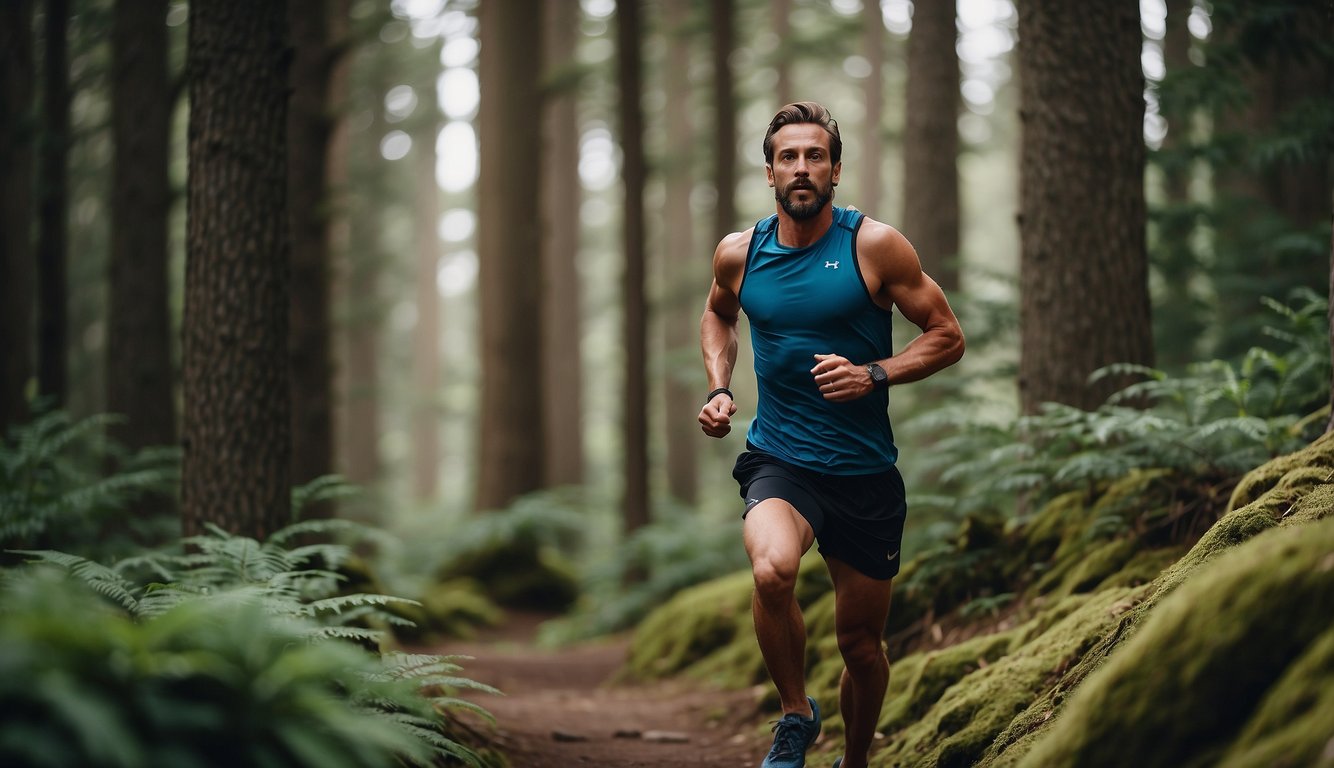 A trail runner takes a gentle recovery run through a scenic forest, carefully avoiding obstacles and addressing any lingering injuries
