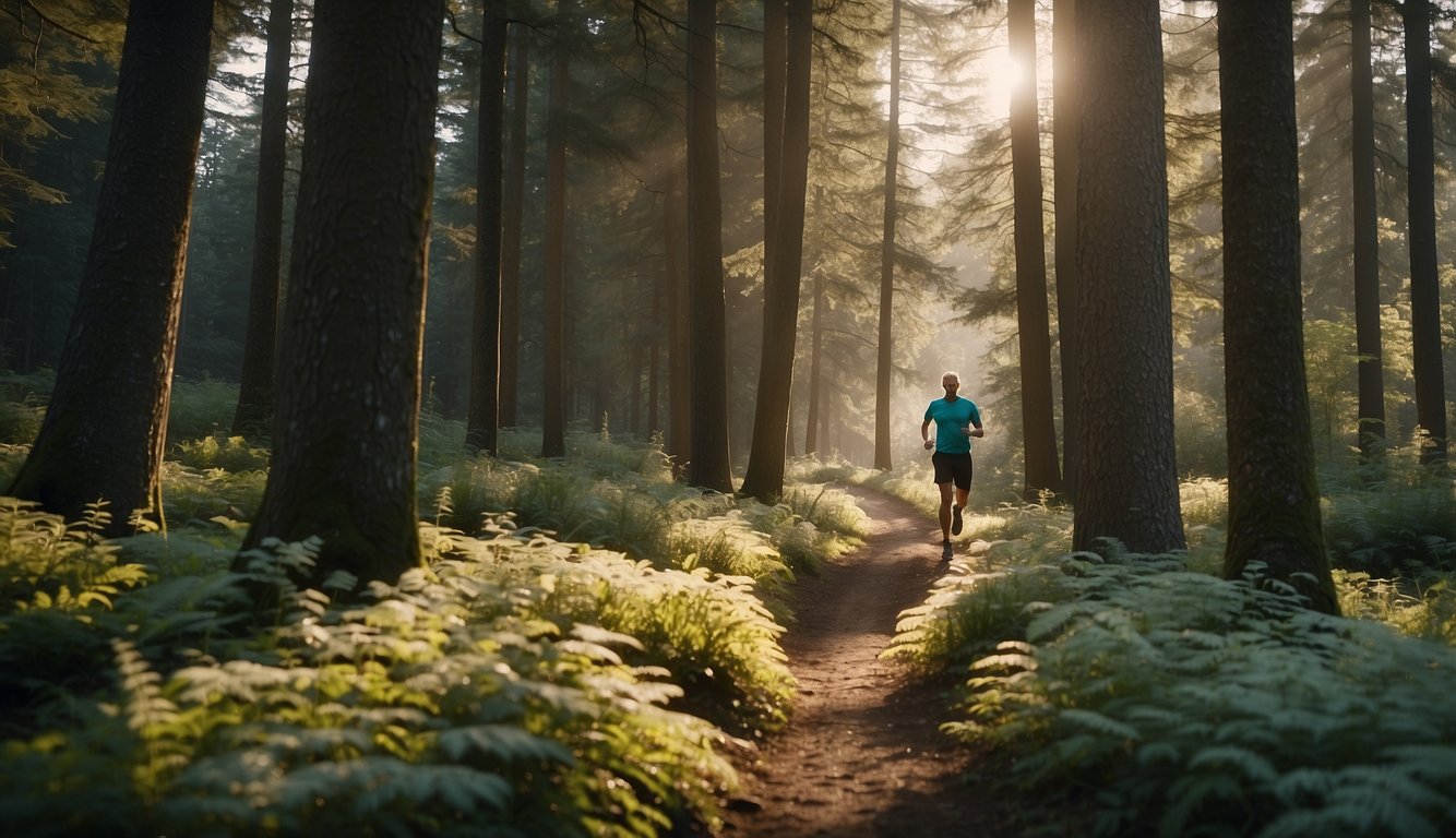 A trail runner takes a leisurely jog through a serene forest, surrounded by tall trees and a peaceful atmosphere