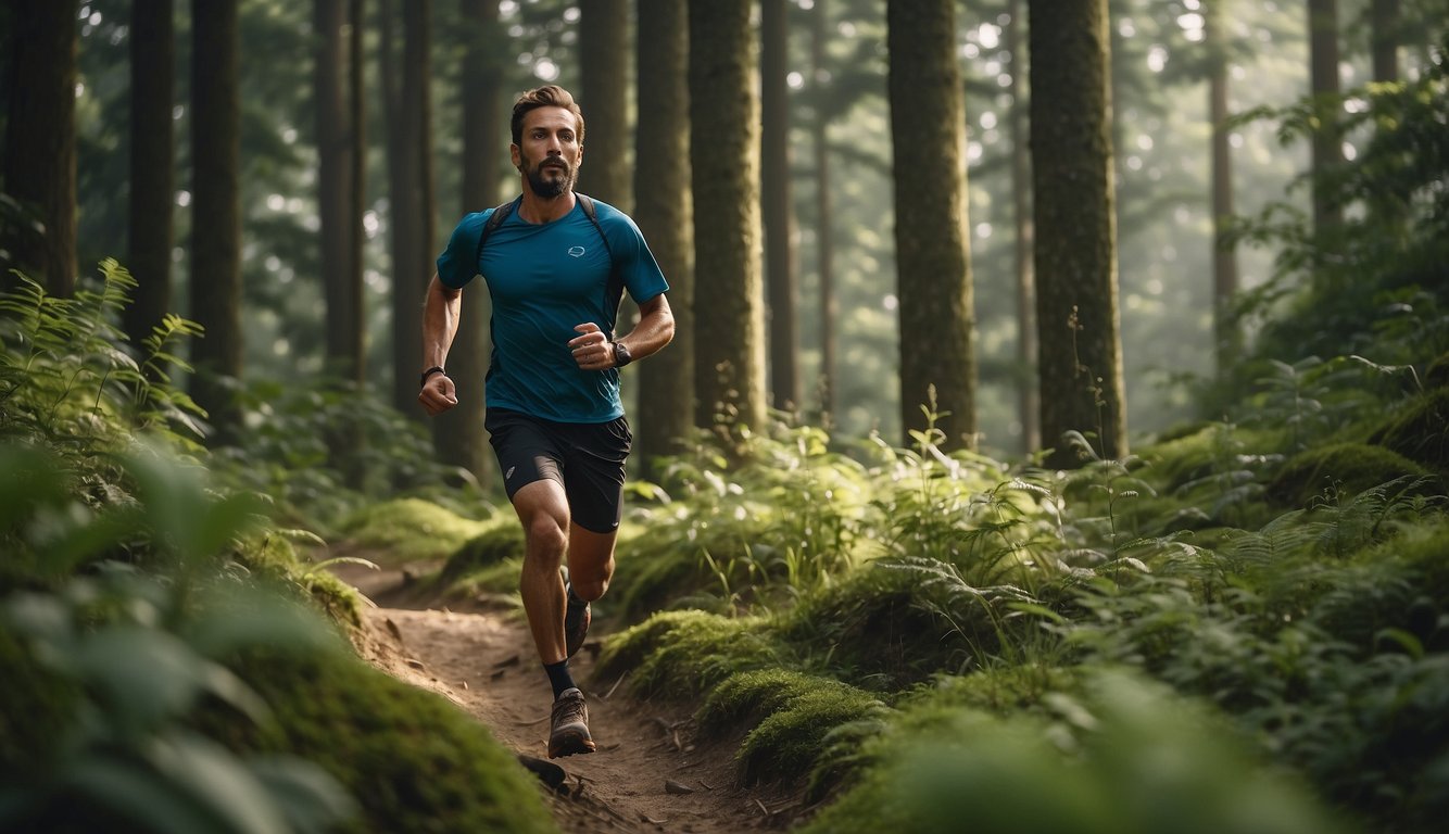 A trail runner gracefully descends a rugged path, surrounded by lush greenery and towering trees, with a serene expression on their face