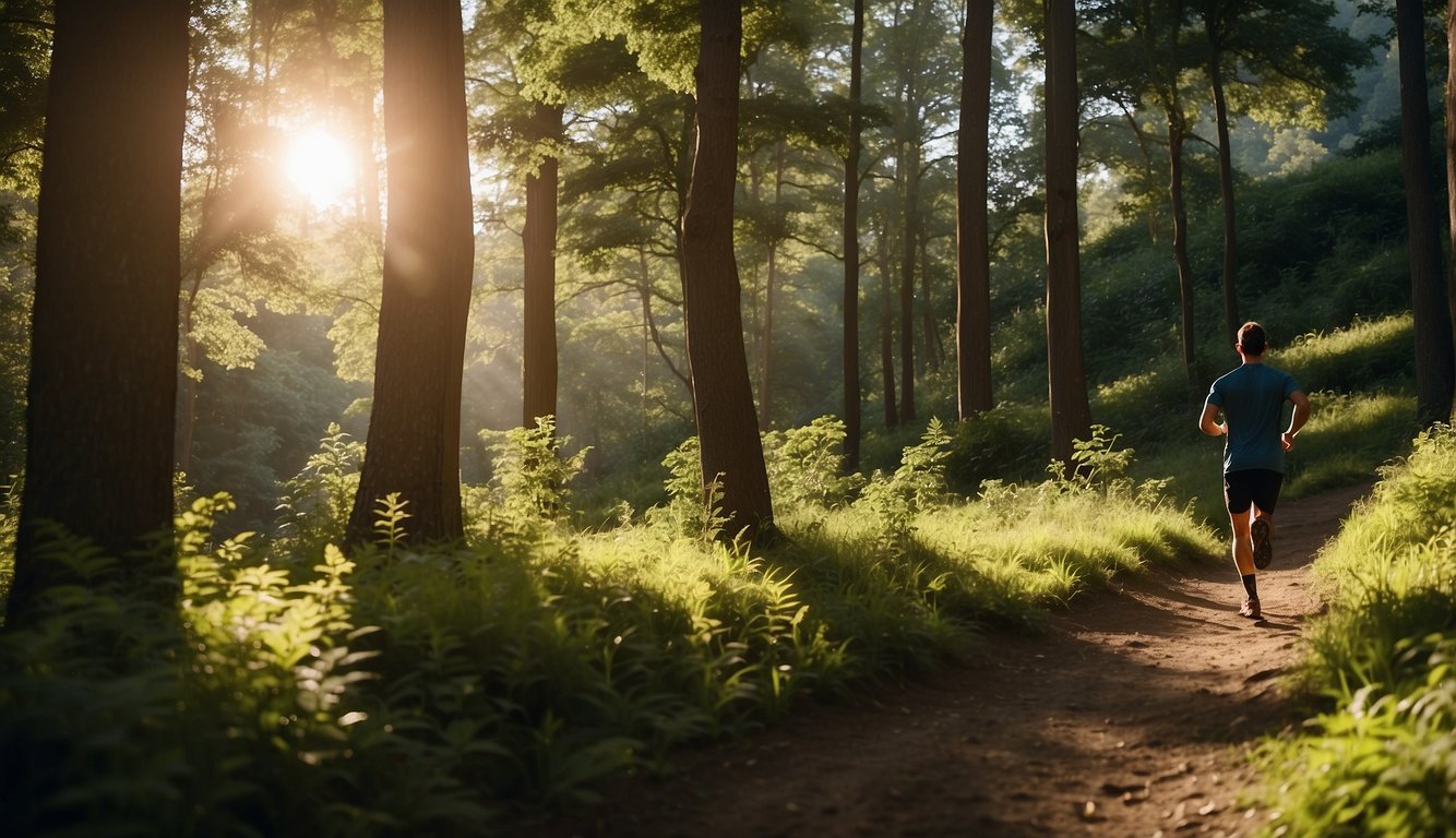 A trail runner glides along a winding path, surrounded by lush greenery and towering trees. The sun casts dappled shadows on the ground, creating a serene and peaceful atmosphere for the runner's recovery run