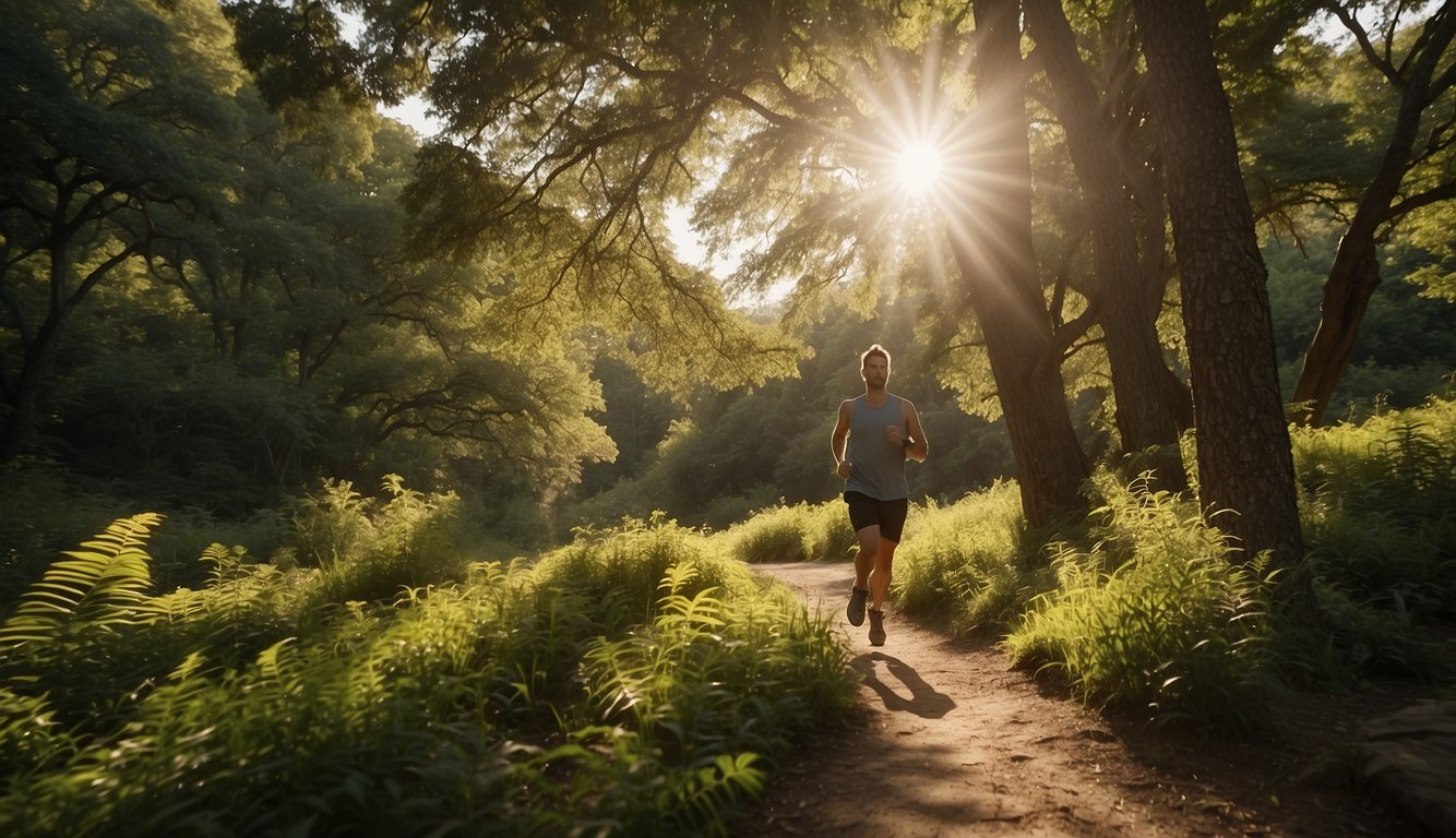 A runner traverses a scenic trail, surrounded by lush greenery and towering trees. The sun peeks through the branches, casting dappled light on the winding path