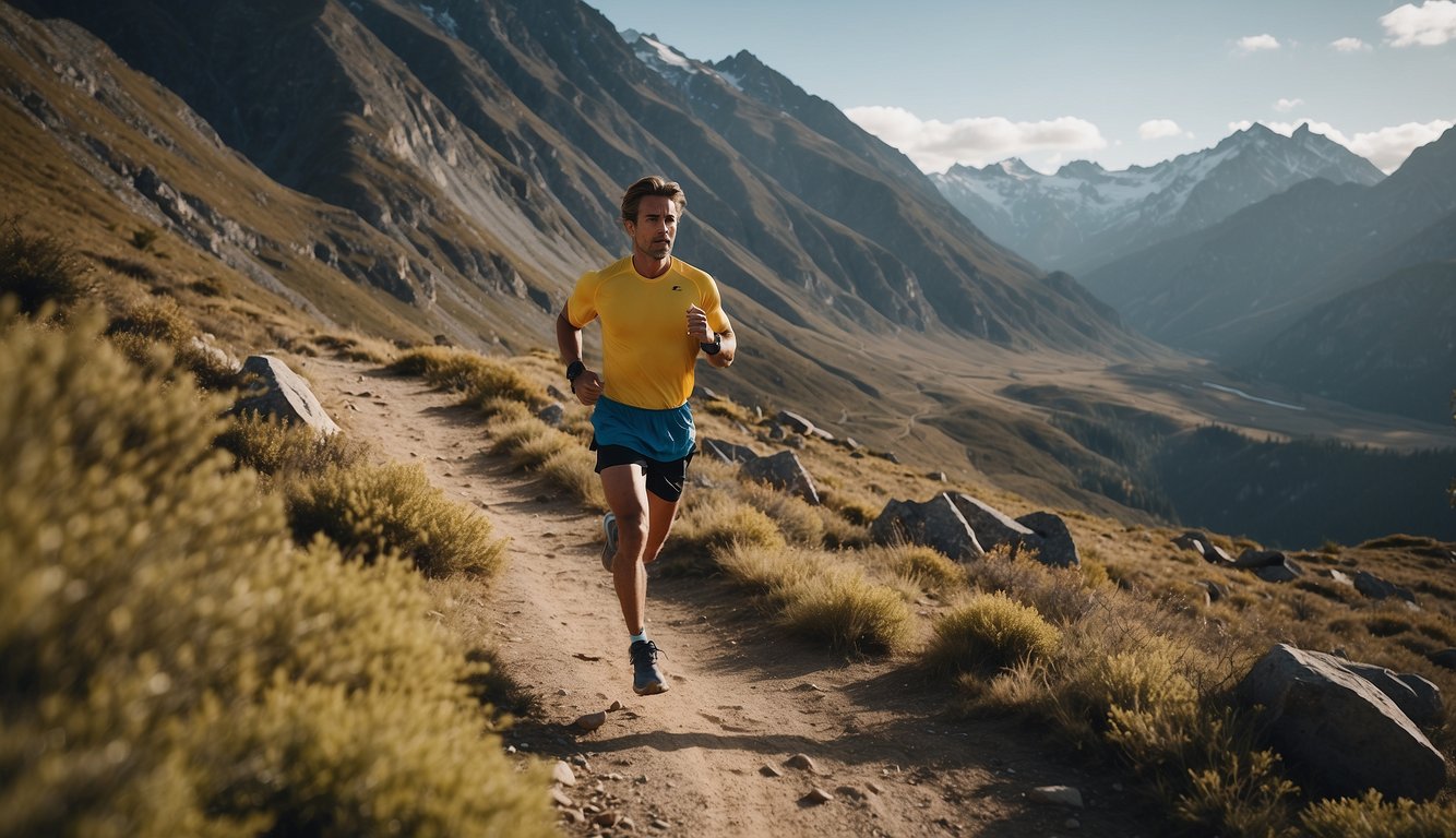 A runner conquers a rugged trail, muscles engaged, surrounded by nature's beauty