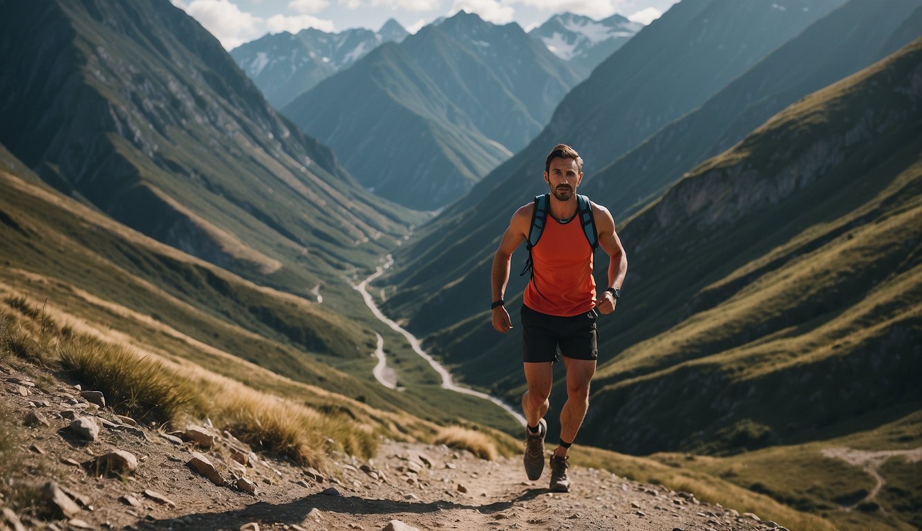 A trail runner standing at the base of a steep mountain, looking up at the challenging terrain ahead with determination and focus