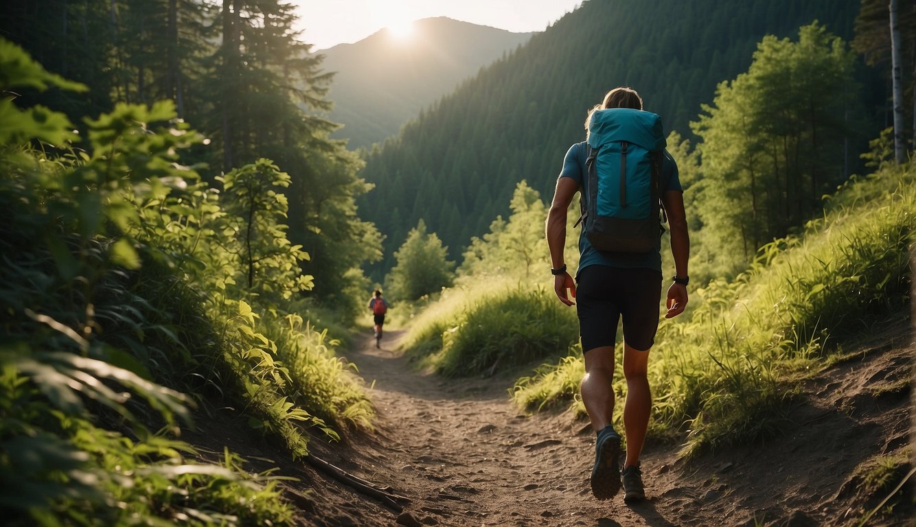 A scenic trail winds through lush forest, with a runner's silhouette in the distance. Nutrient-dense foods and a water bottle are nestled in a backpack, highlighting the importance of diet and nutrition for trail runners