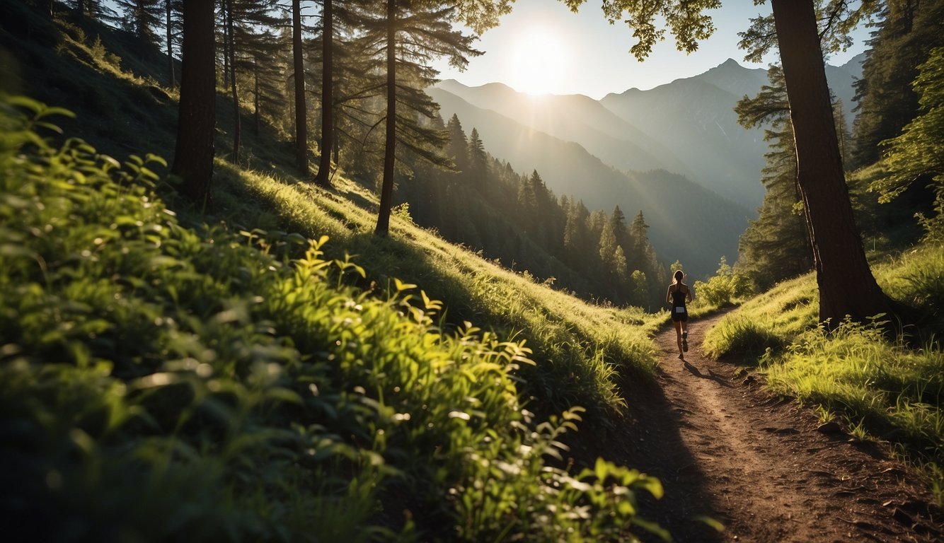 A mountain trail winds through lush green forests, with a runner's silhouette in the distance. The sun casts long shadows as the runner navigates the natural terrain, emphasizing the importance of trail running in a balanced exercise regime