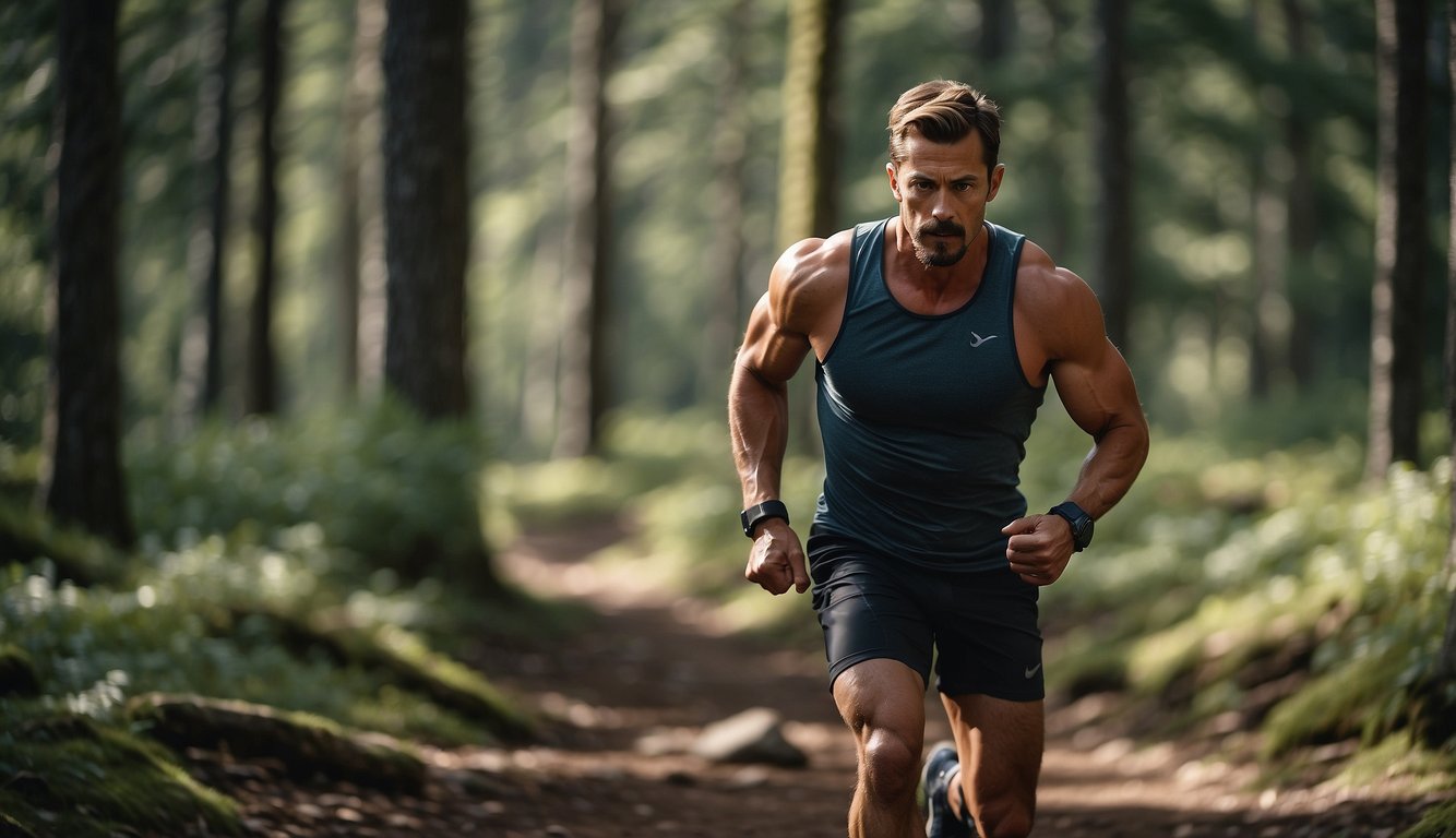 A trail runner lifting weights in a forest clearing, surrounded by trees and rugged terrain. The runner is incorporating strength training into their exercise regime