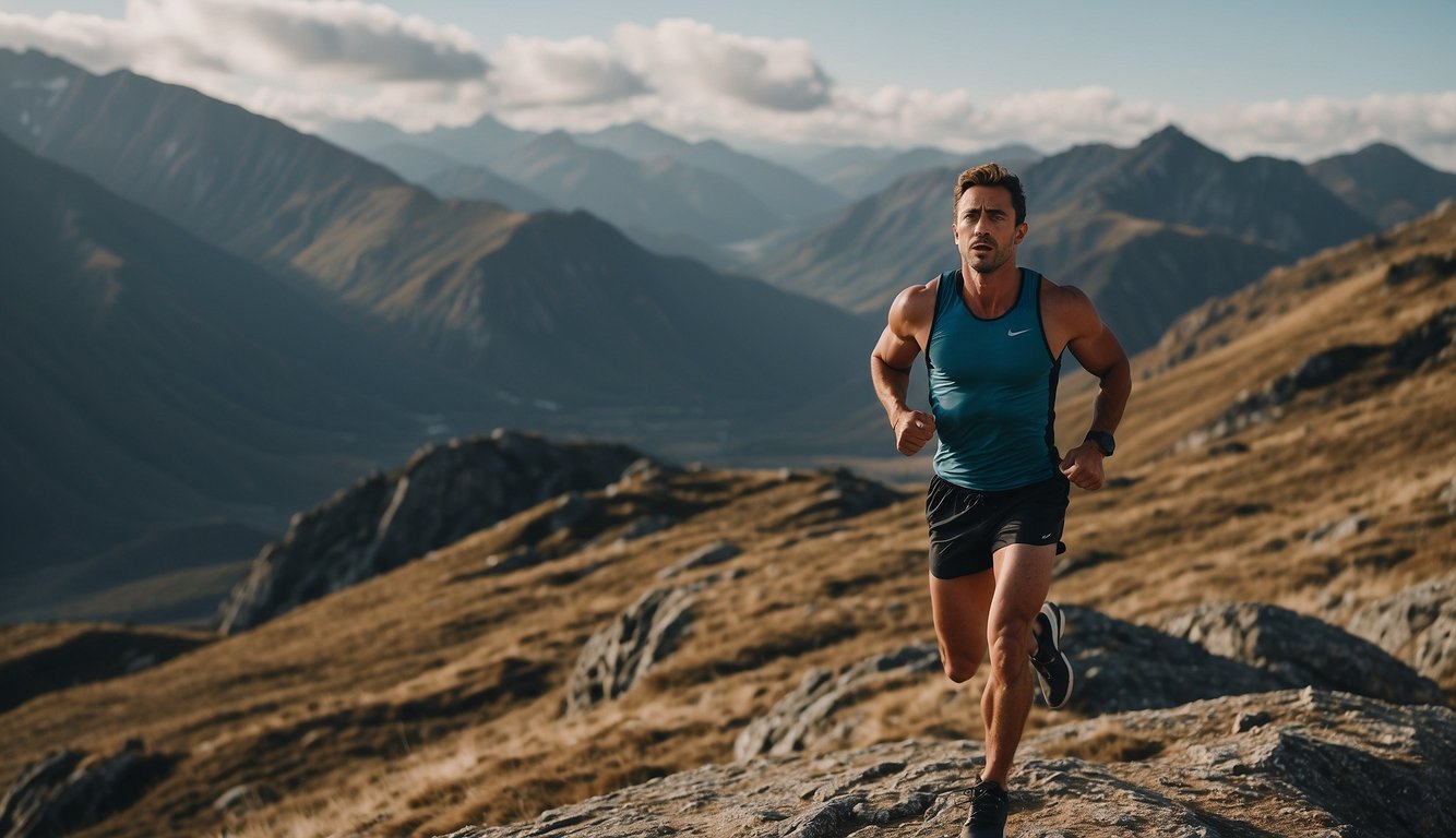 A runner standing atop a mountain, surrounded by rugged terrain and a vast expanse of nature. The runner is breathing deeply and appears focused, with a determined expression on their face