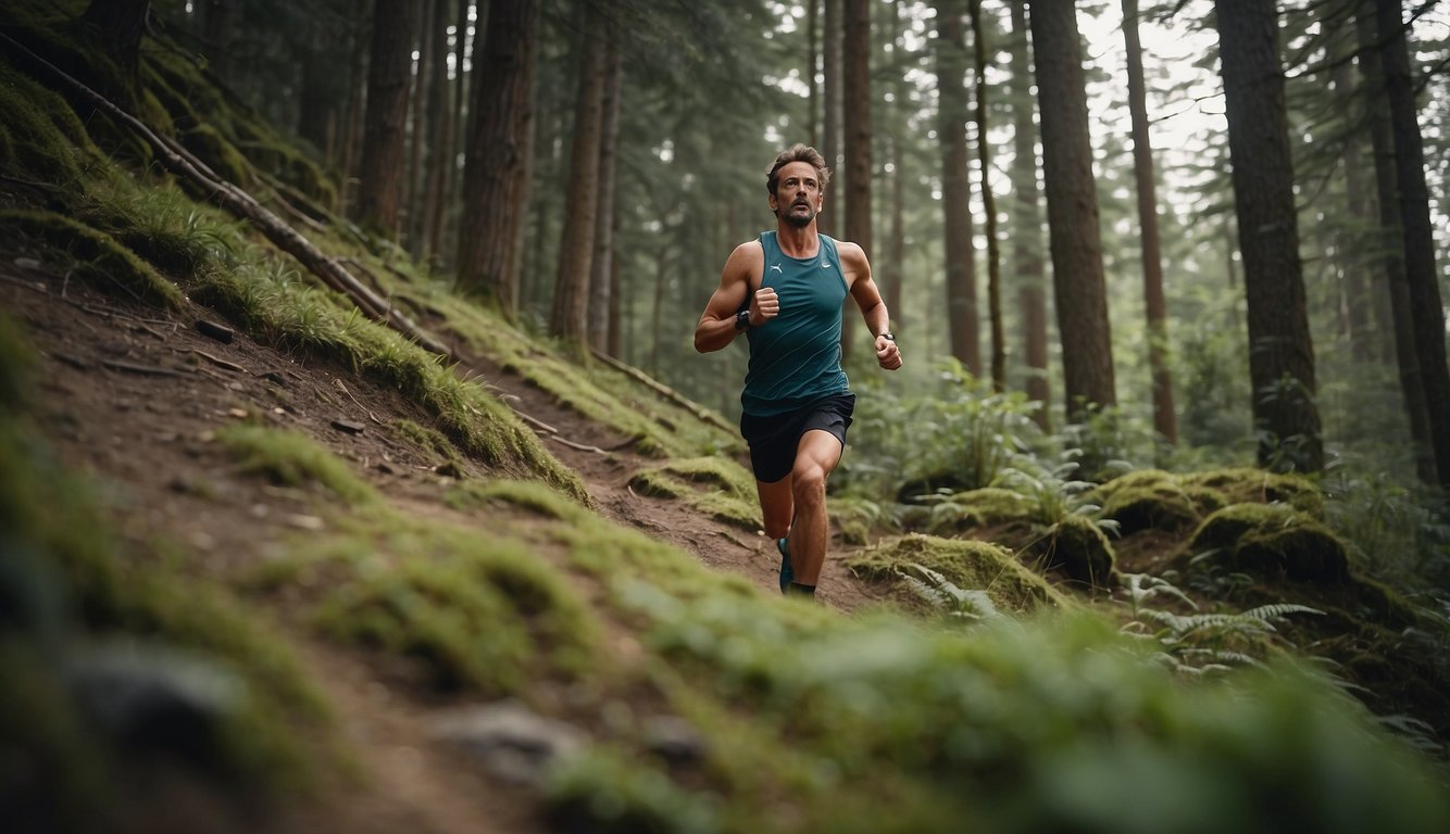 A trail runner conquers a steep incline, repeating a mantra and using positive self-talk to push through tough moments. The serene natural surroundings contrast with the runner's determined focus