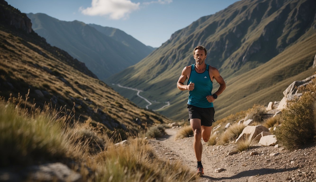 A runner navigates a challenging trail, repeating positive mantras. The surrounding landscape is rugged, with steep inclines and rocky terrain. The runner's determined expression reflects their mental strength