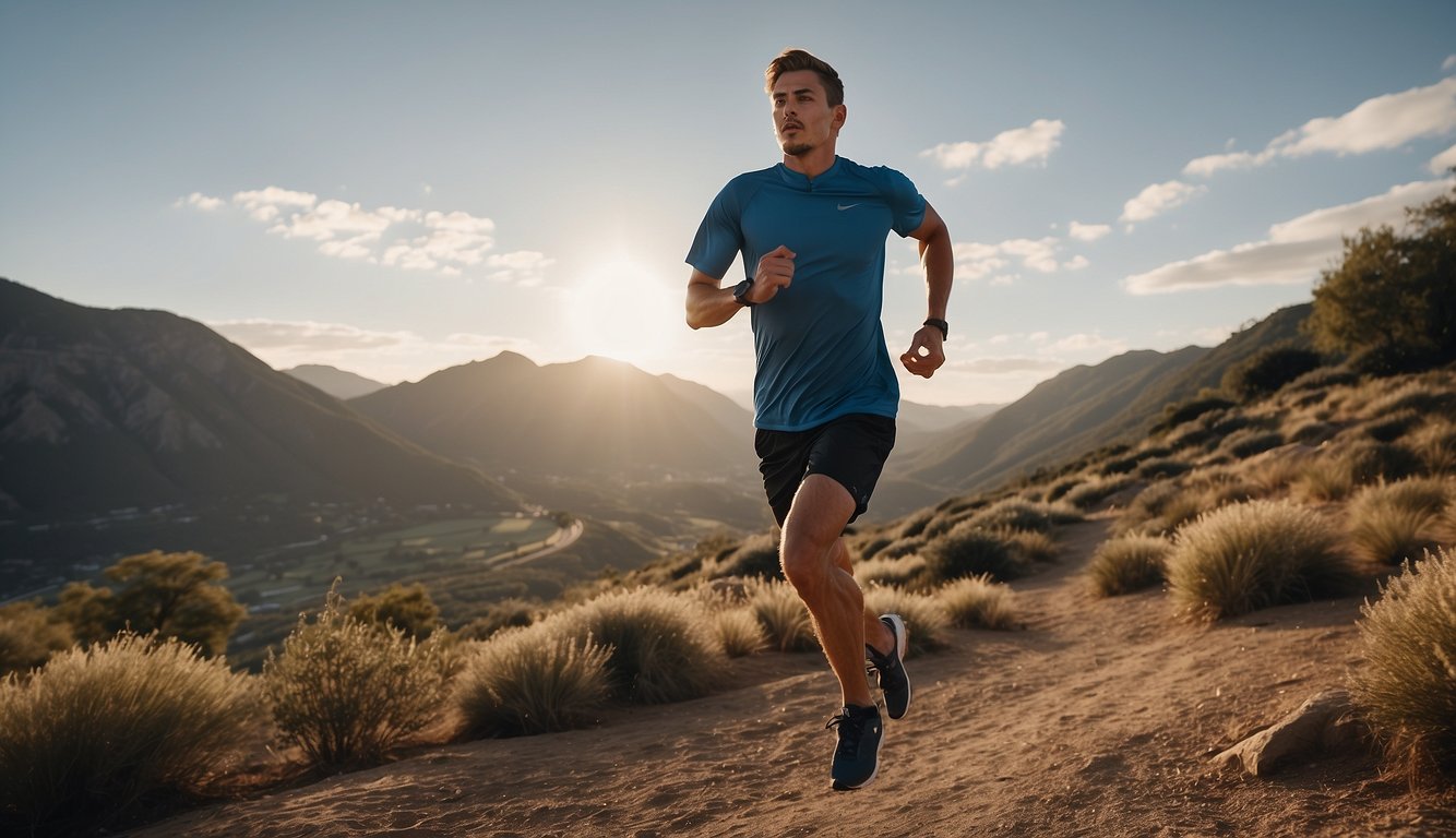 A runner glides effortlessly over varied terrain, maintaining a strong, upright posture and balanced stride. Arms swing naturally, aiding in stability and propulsion