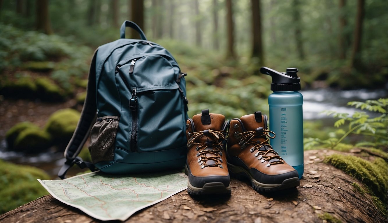Hiking boots and a backpack lay next to a trail map and water bottle, surrounded by trees and a winding path