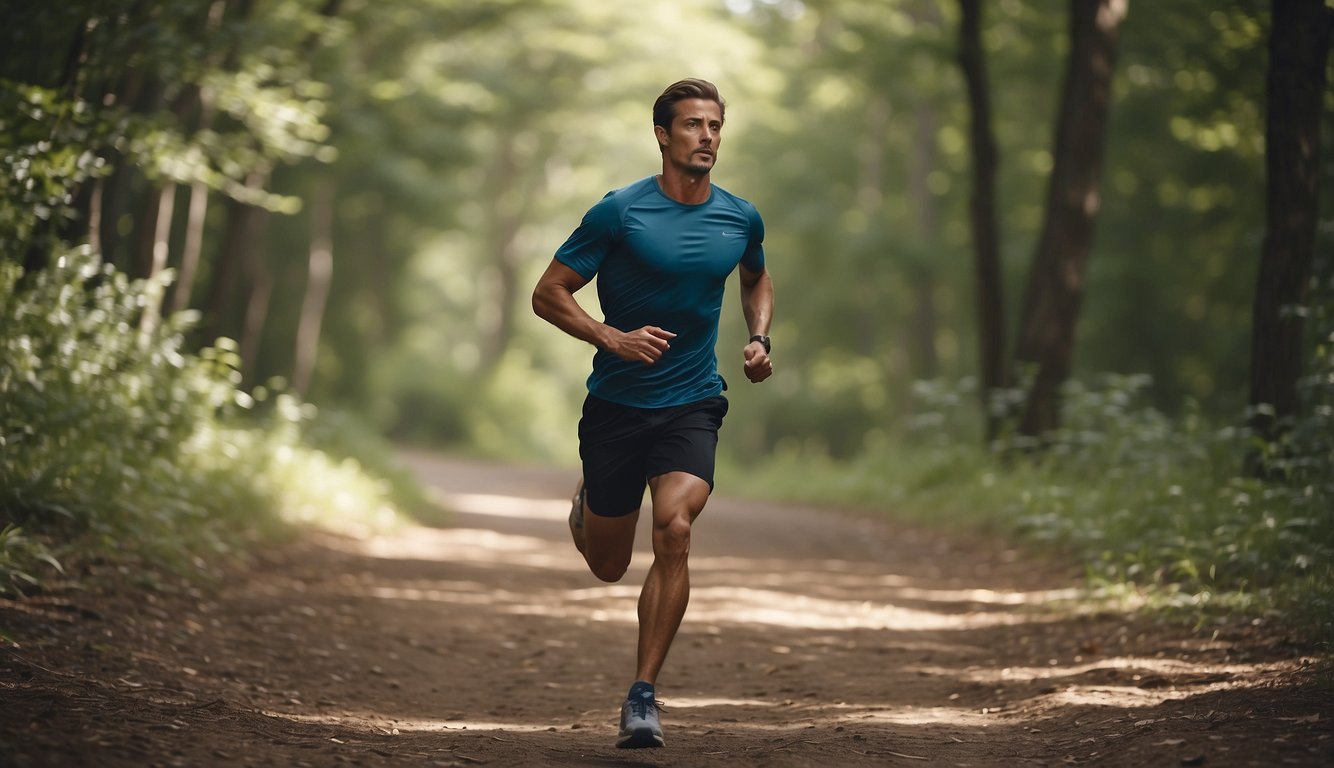 A runner glides along a winding trail, maintaining perfect form. Their body is aligned, arms relaxed, and feet striking the ground with precision