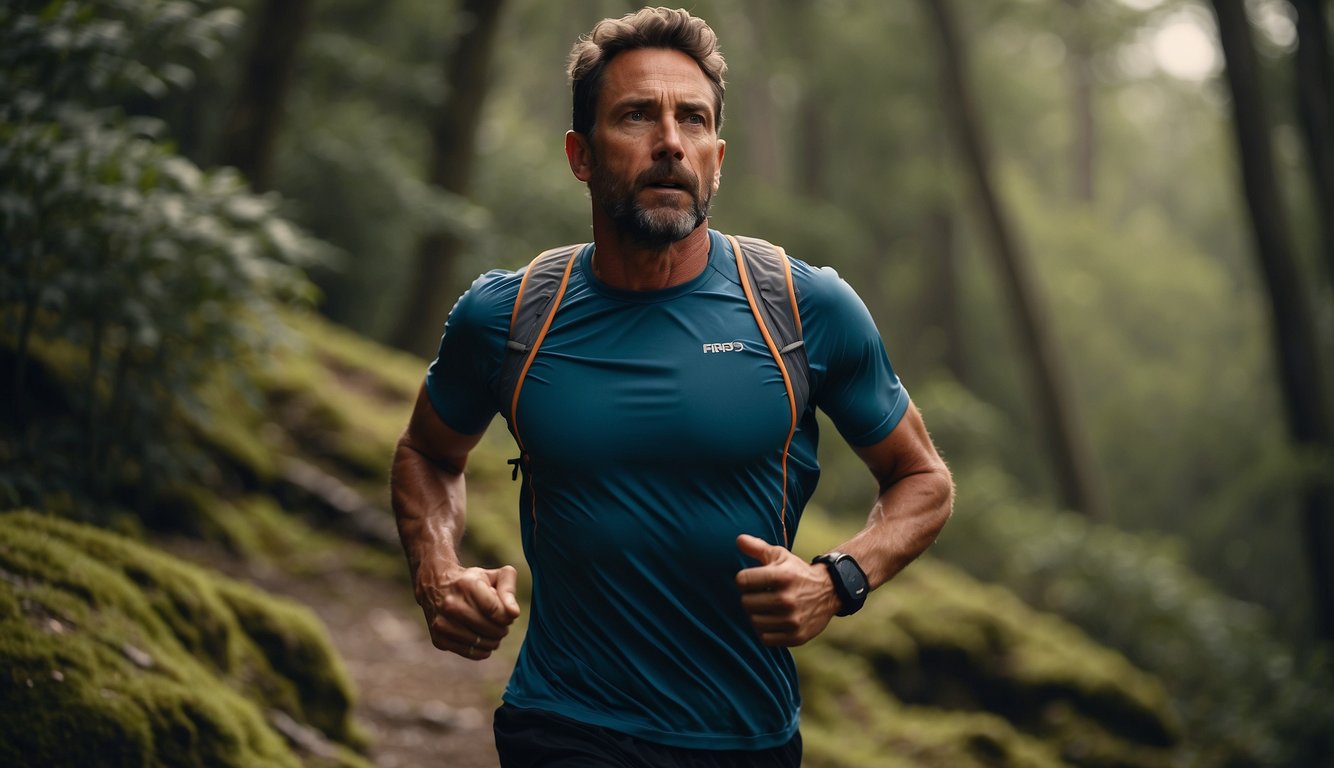 A trail runner takes deep breaths, focusing on efficient oxygen intake. The chest rises and falls rhythmically as the runner moves through the natural landscape