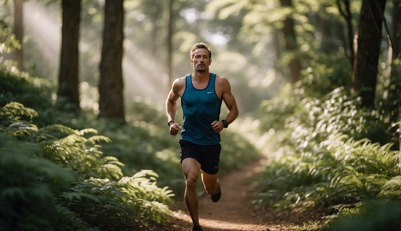 A runner inhales deeply amidst a lush trail, chest expanding, as oxygen fills their lungs. The surrounding trees and terrain blur as they focus on their breath, a vital technique for efficient oxygen intake